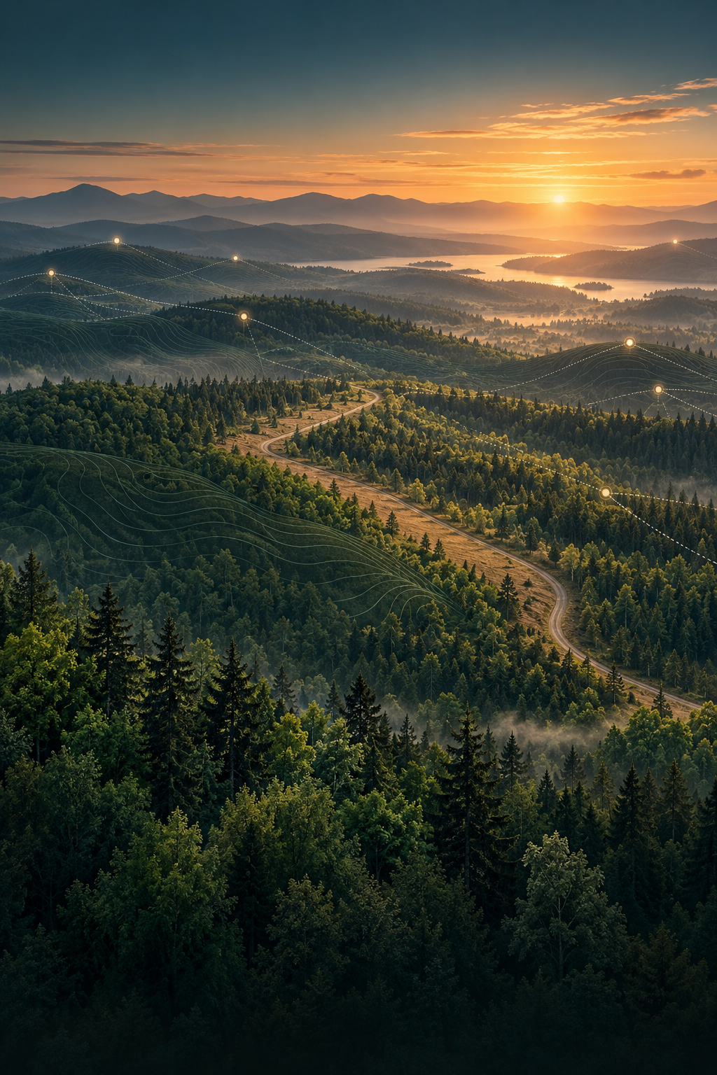 Waldlandschaft mit topografischen Linien und verbundenen Beobachtungspunkten